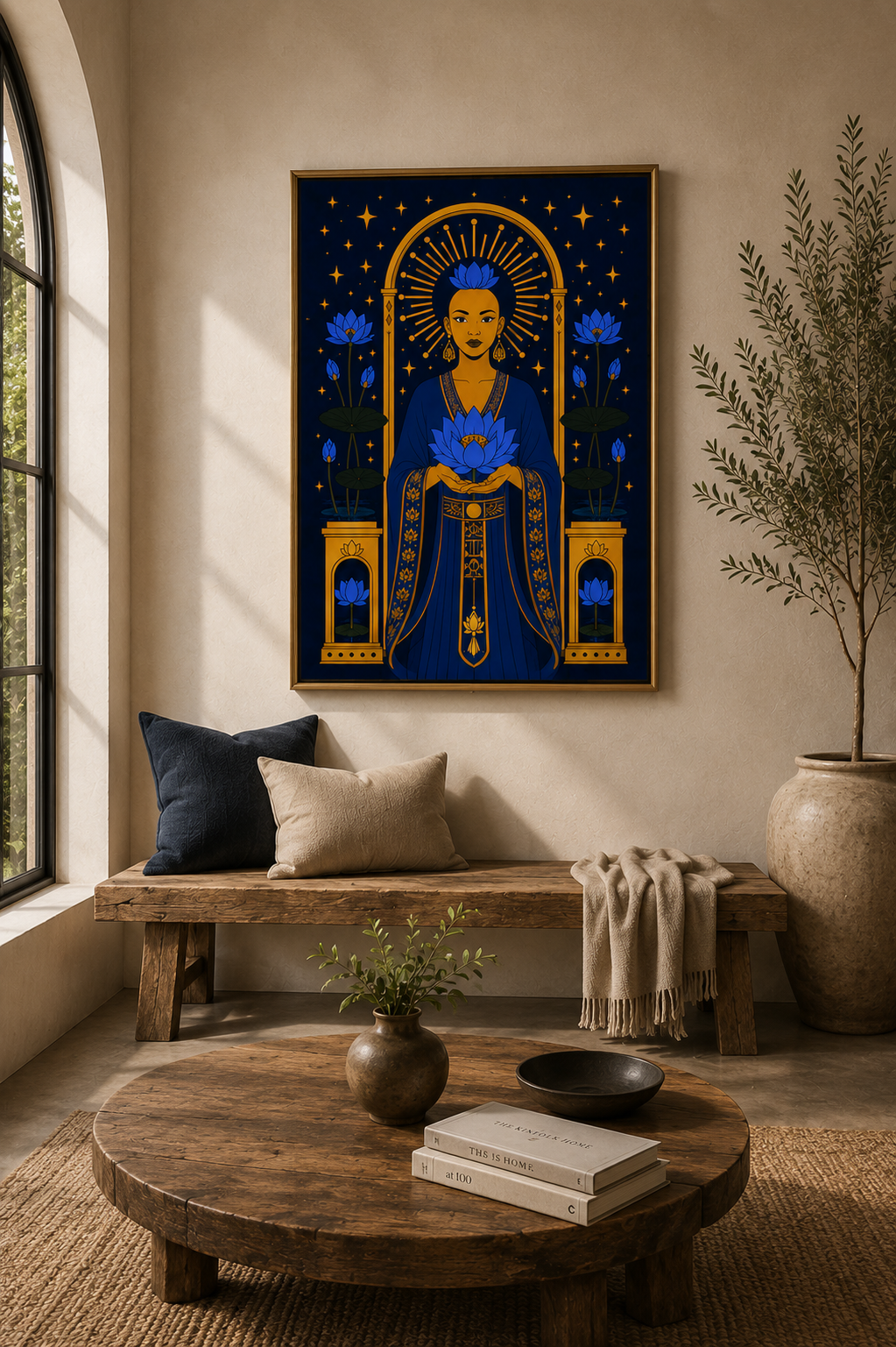 Decorative interior with a large framed artwork, wooden bench, and round wooden table.