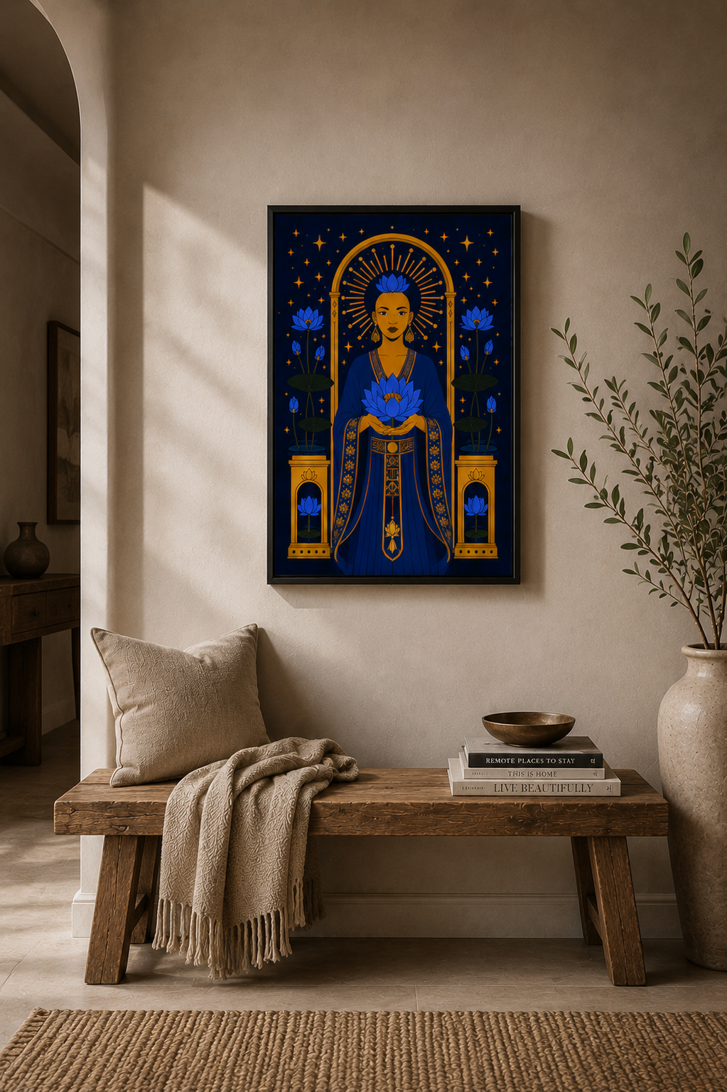 Framed artwork of a blue figure with gold accents on a beige wall above a wooden bench.