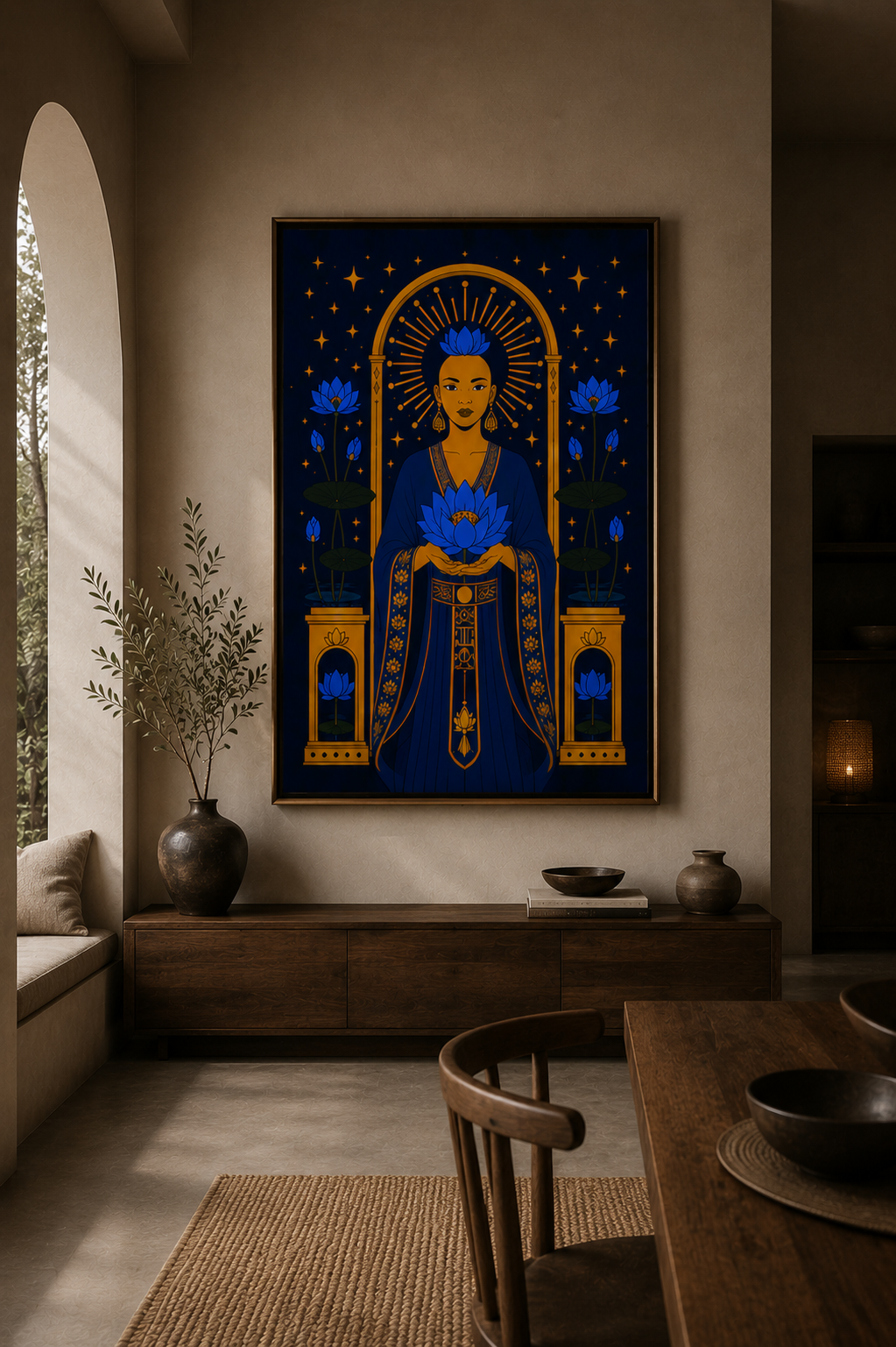 Decorative wall art with a blue and gold design in a room with a wooden bench and plants.