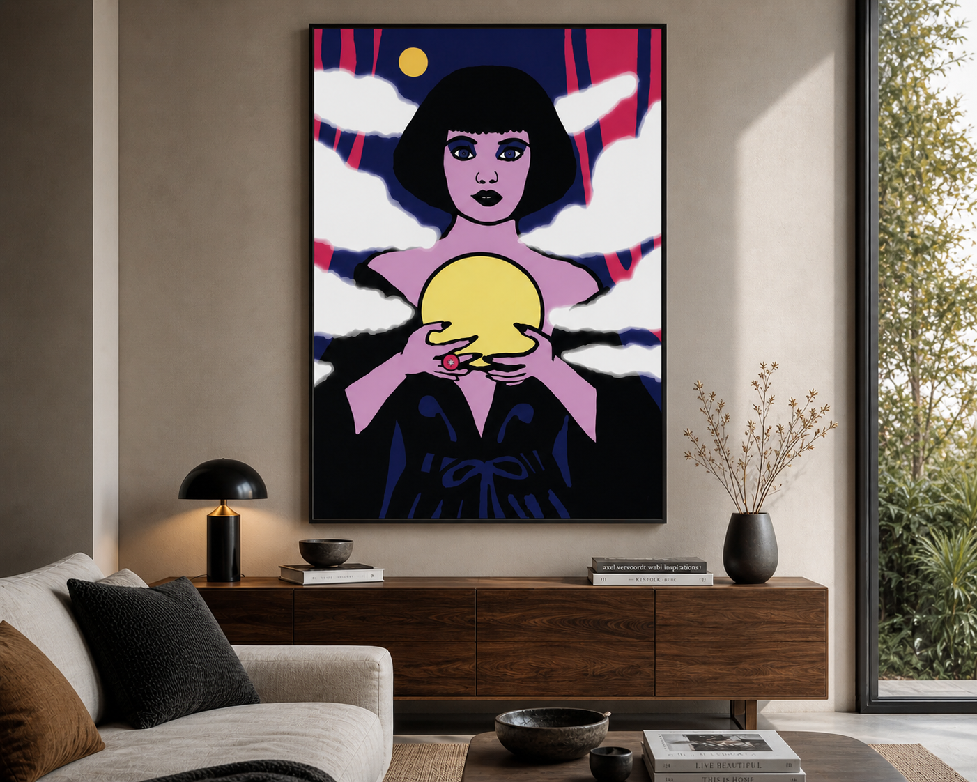 Primary image: Crystal Ball limited edition framed canvas print by Catherine Gomersall Studio — woman holding golden orb, deep violet and pink, 40x60 inches
Mockup image: Crystal Ball large format art print in luxury living room setting by Catherine Gomersall Studio