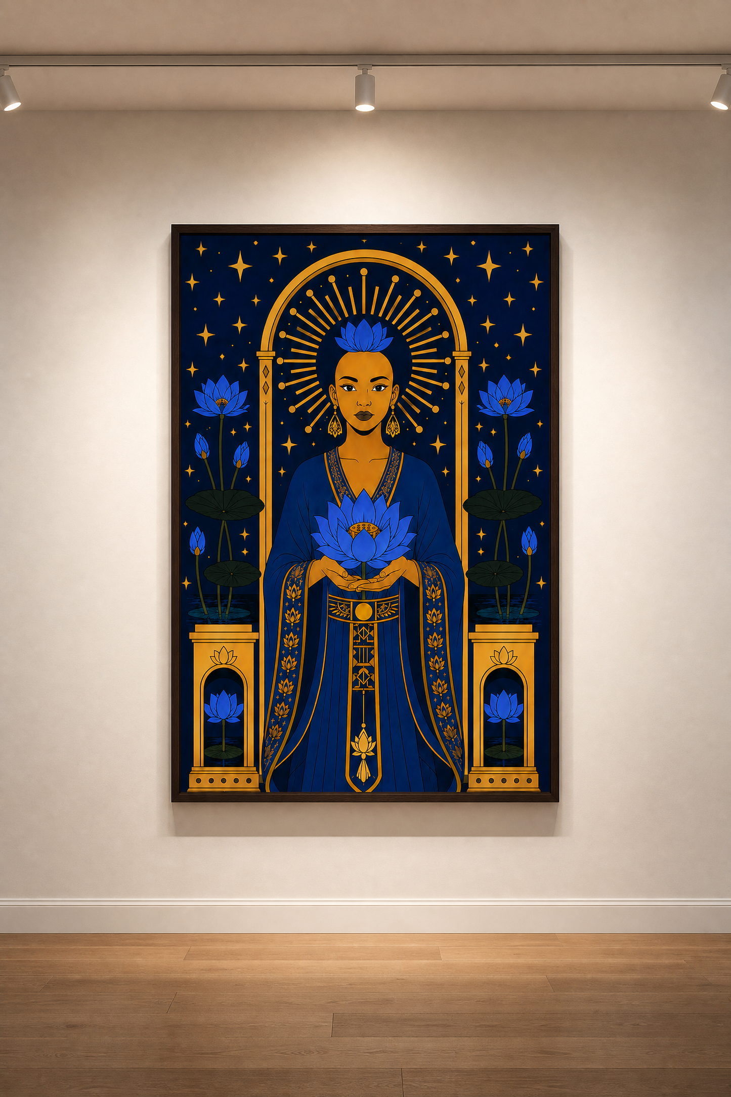 Decorative wall art with a central figure in blue and gold attire, surrounded by flowers and stars, on a white wall.