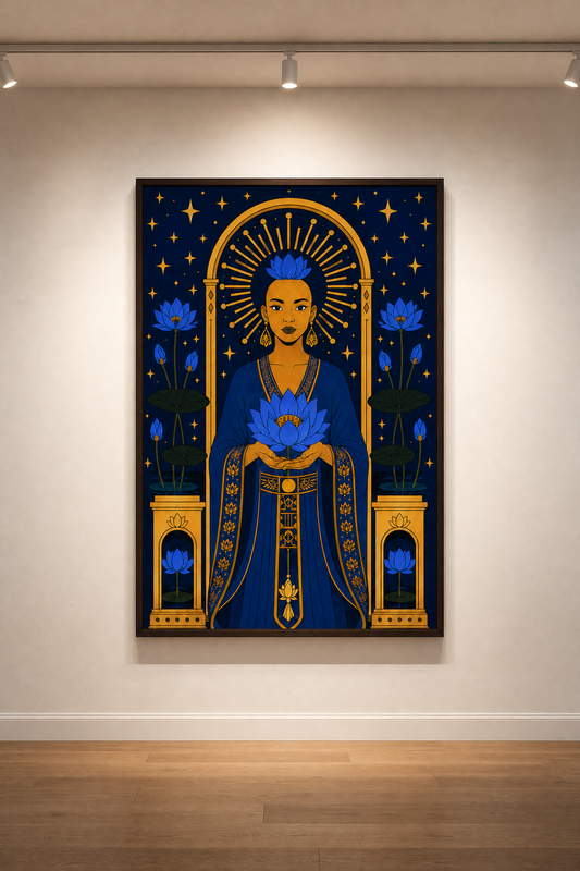 Decorative wall art with a central figure in blue and gold attire, surrounded by flowers and stars, on a white wall.