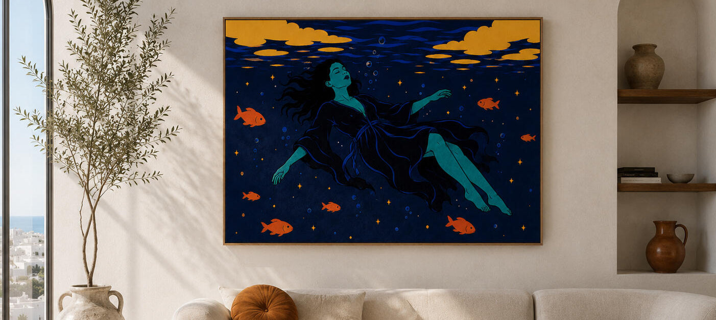 Modern living room with a large abstract painting of a woman underwater, a beige sofa, and decorative elements.