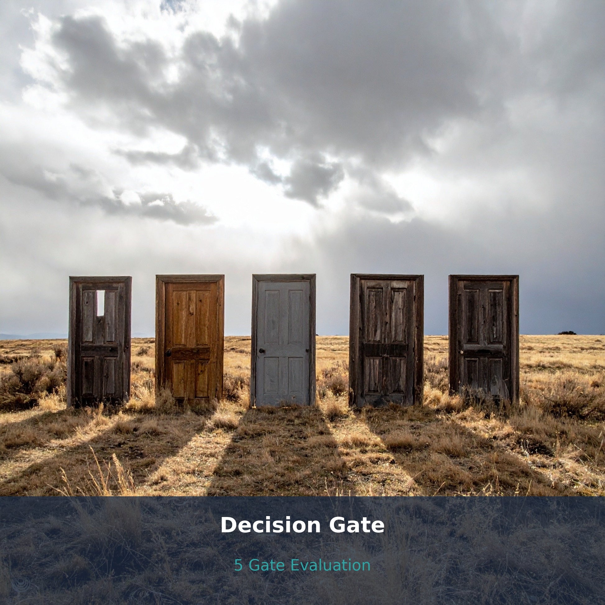 Five weathered wooden doors standing alone in an open prairie landscape under a dramatic cloudy sky.