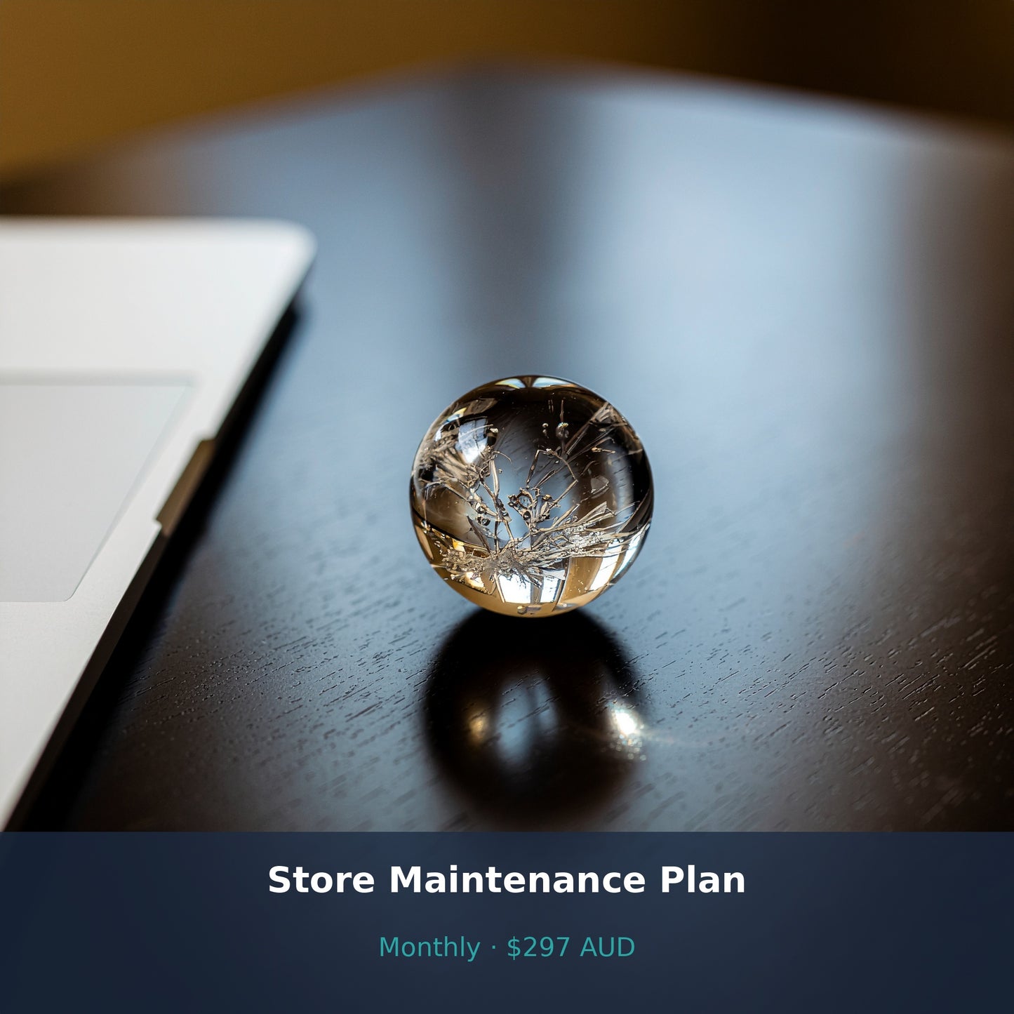 Crystal ball on a dark surface with a laptop, labeled 'Store Maintenance Plan' and price.
